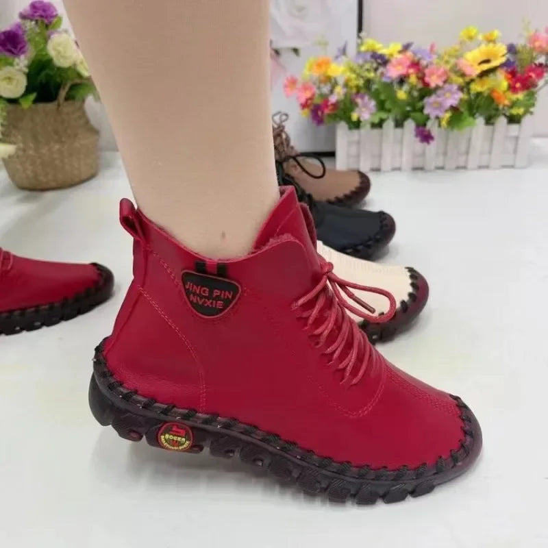 Women Shoes Autumn Loafers Lace Up Sneakers Casual Flats Solid Soft Bottom Boots Leather High-Top Sneaker Female Shoes2024