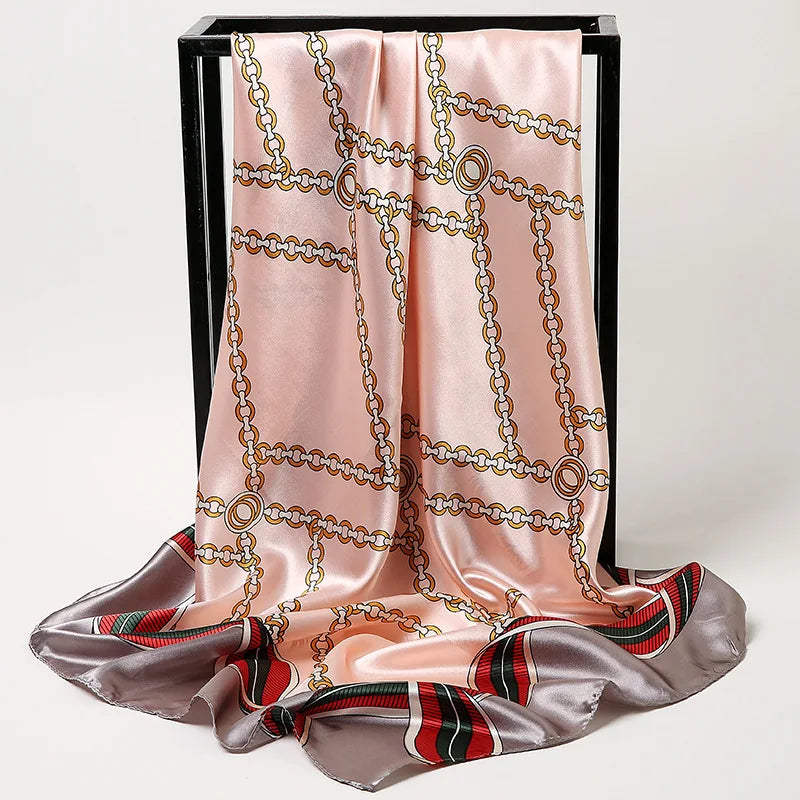 90cm Fashion Silk Satin Scarf for Women Headband Floral Print Kerchief Hijab Scarves Fermale Square Shawls and Wraps Neck Scarfs