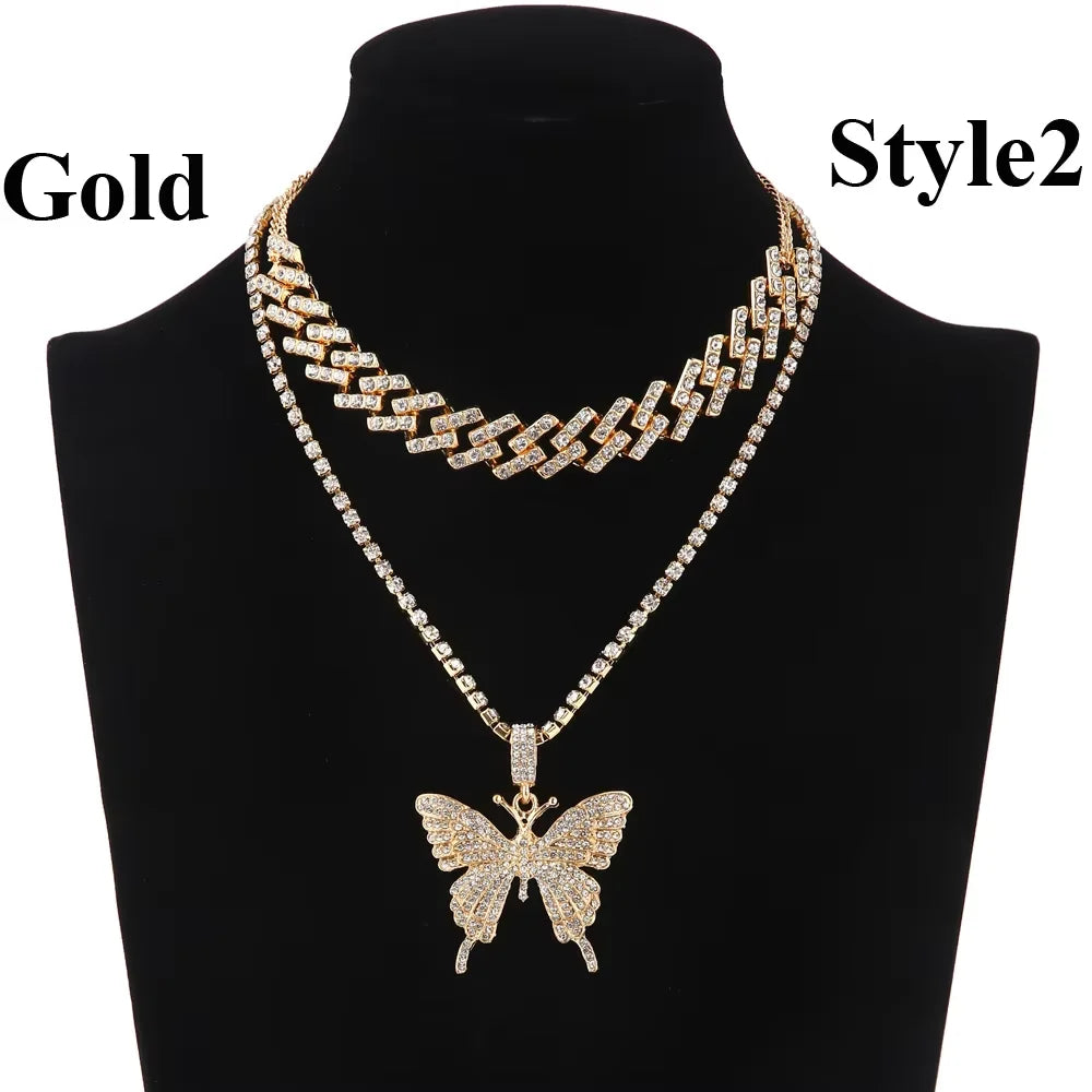 Pink Butterfly Necklace Chain  Jewelry Luxury Female Crystal Neck Pendants Women Rhinestones Jewellery Wholesale
