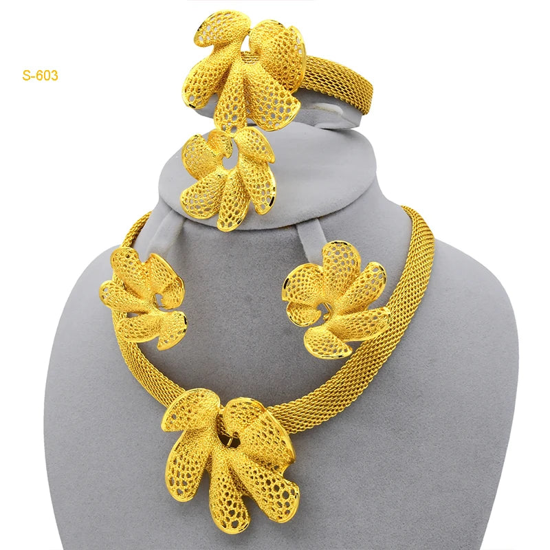 XUHUANG African Necklaces Bracelets Earing Sets Nigerian Wedding Jewelry Set Ethiopian Gold Colour Necklace Jewellery Set Gifts