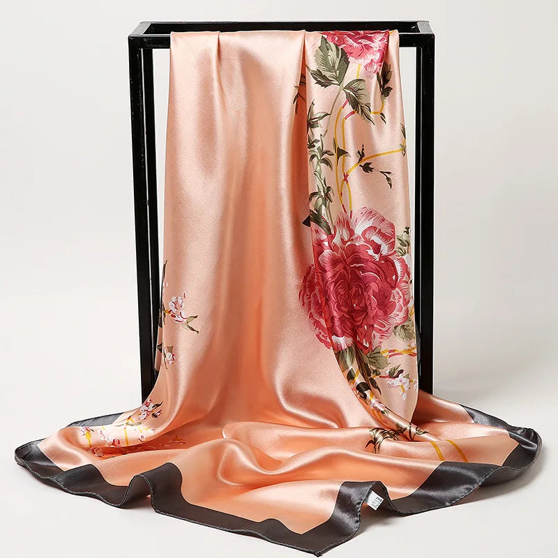 90cm Fashion Silk Satin Scarf for Women Headband Floral Print Kerchief Hijab Scarves Fermale Square Shawls and Wraps Neck Scarfs