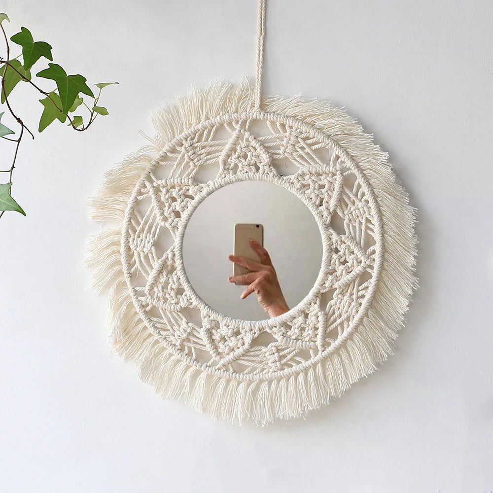 Round Mirror Wall Decor Macrame Boho Room Decor Wall Mirrors for Living Room Bedroom Decoration Mirror Bathroom Home Decoration