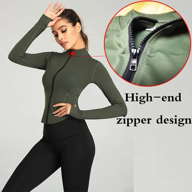 Aiithuug Women Full Zip-Up Yoga Top Workout Running Jackets With Thumb Holes Stretchy Fitted Long Sleeve Crop Tops Activewear