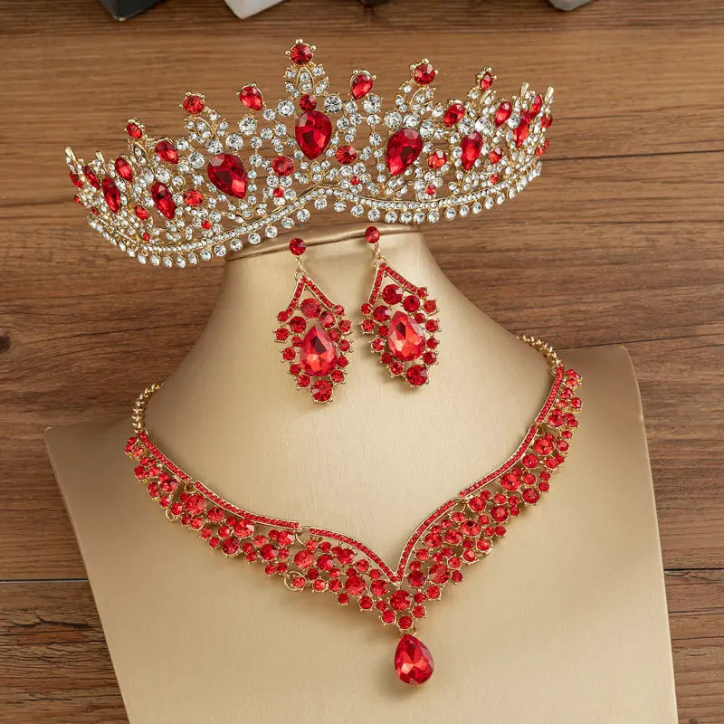 Baroque Crystal Water Drop Bridal Jewelry Sets Rhinestone Tiaras Crown Necklace Earrings for Bride Wedding Dubai Jewelry Set