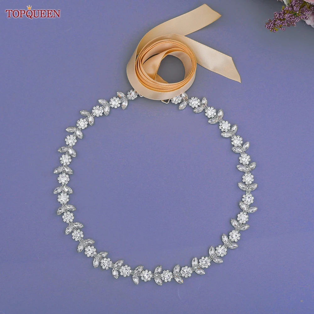TOPQUEEN Rhinestone Belts for Bridal Dresses Silver Alloy Belt for Girls Cheap Diamond Wedding Belt Fancy Belt for Women S440