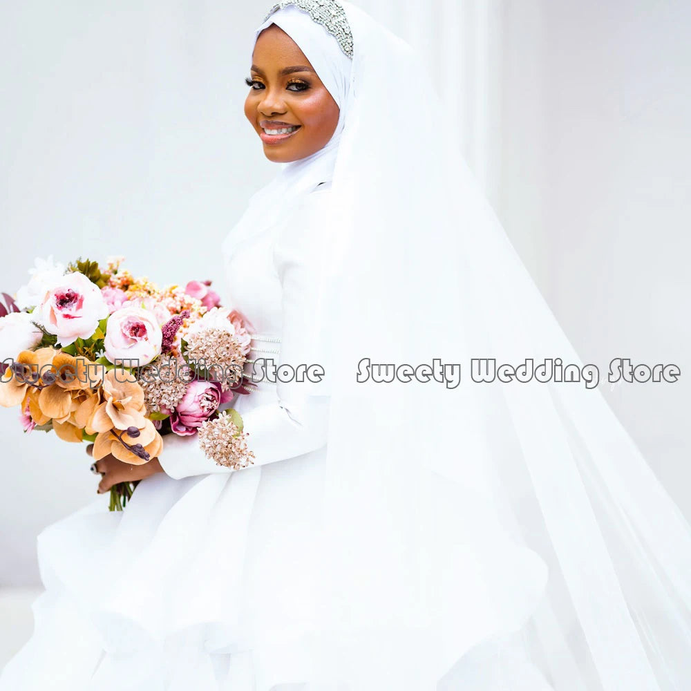 Modest Muslim Wedding Dress White Long Sleeves O Neck Ruffles Organza Ball Gown Bridal Dresses No Hajab Africa Gowns - My Store