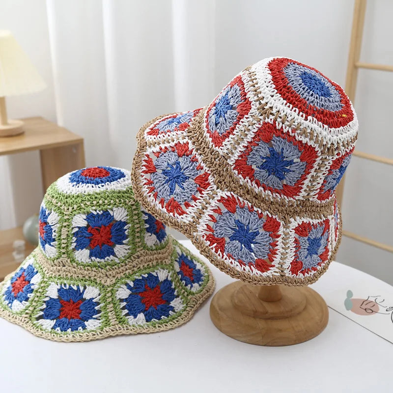Casual Paisley Crochet Hat for Women Bohemian Knitted Bucket Hats National Straw Sun Hat for Girls Summer Beach Bali Hats 2022