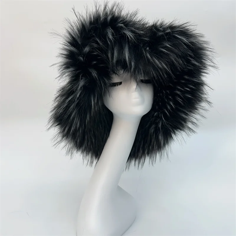 Winter Warm Plush Bucket Hat Women Oversize Earflaps Fluffy Faux Fur Hats Fashion Furry Raccoon Fur Cotton Hat Solid Color Hats