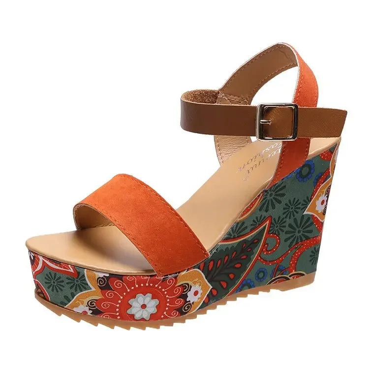 Sandals Women's Peep Toe Floral Print Slingback Wedge Sandals Ethnic Print Platform Shoes Ladies Ankle Buckle Sandalias De Mujer