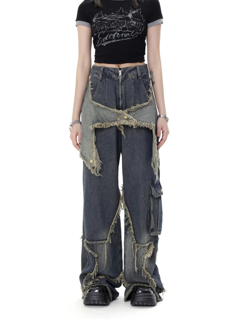New Women Star Stitching Tassel Pants American Retro High Street Jeans Loose Wide Leg Pants Trendy Punk Y2k Pants