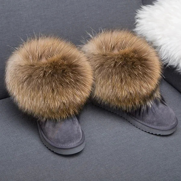 G&Zaco Luxury Winter Snow Boots Women Natural Real Fox Fur Boots Waterproof Genuine Suede Leather Boots Black Flat Short Boot