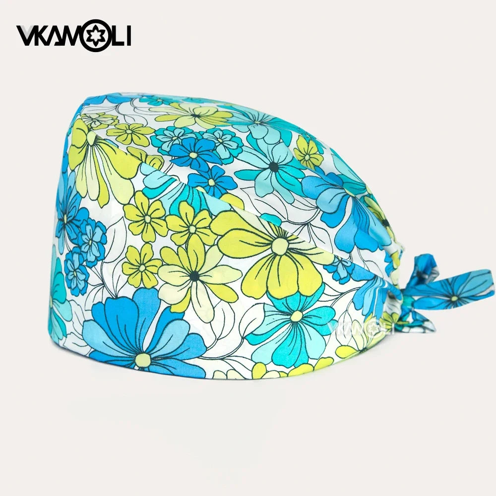 Flower Printing Scrub Caps Dental Print Scrubs Hat 100% Cotton Women Men Dust Proof Vet Dentist  Working Hats Tie Back Cap