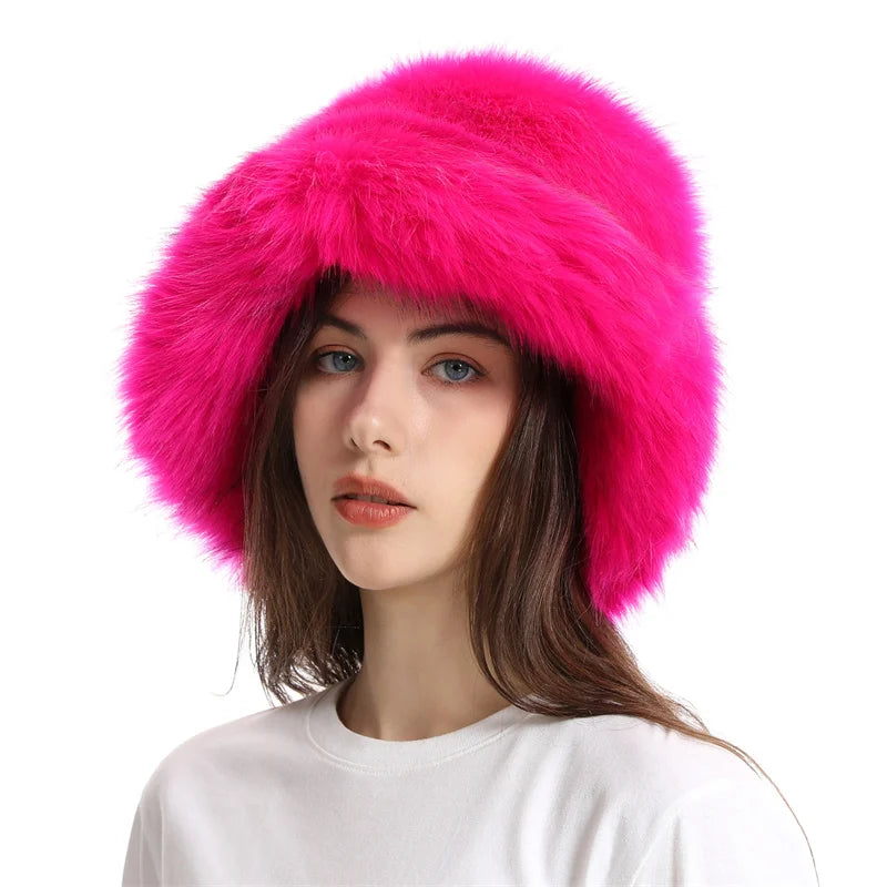Warm Plush Bucket Hat Women Oversize Earflaps Fluffy Faux Fur Hats Fashion Furry Raccoon Fur Cotton Hat Winter Solid Color Hats