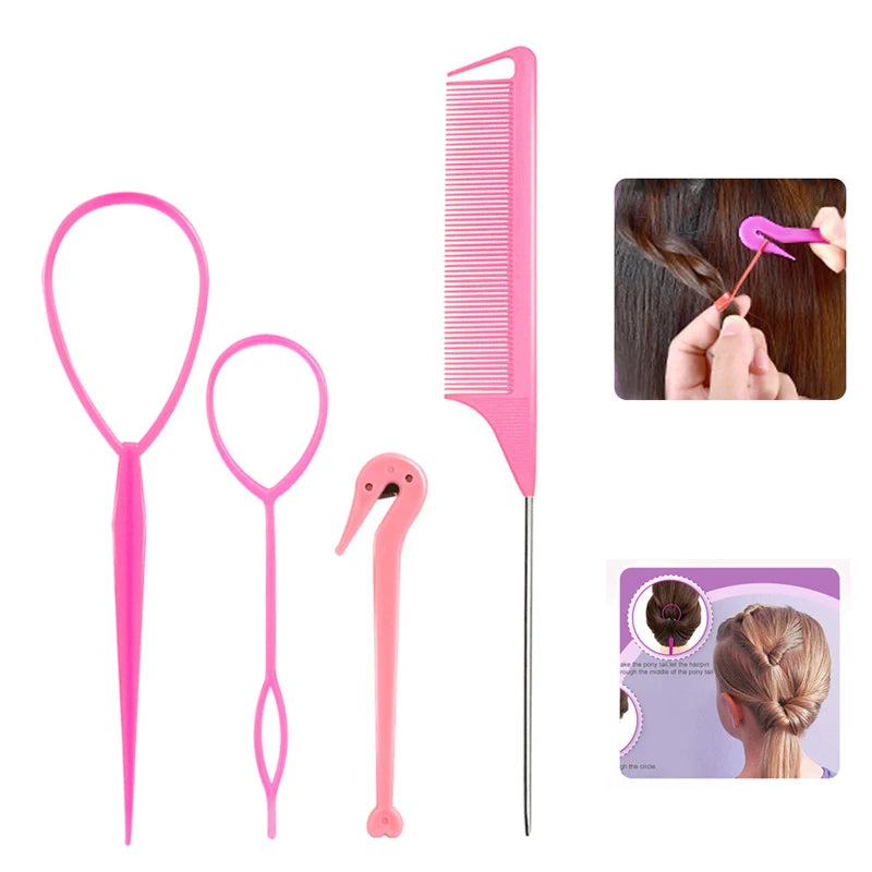 4pcs/Set French Braid Tool Loop Elastic Hair Bands Remover Cutter Rat Tail Comb Metal Pin Tail Braiding Combs for Hair Styling
