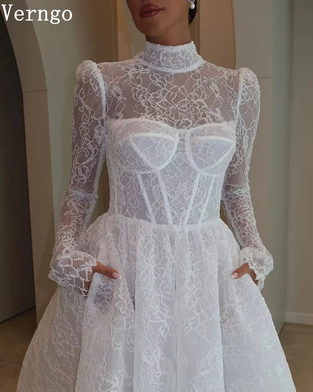 Verngo Elegant Lace Wedding Dress High Neck Full Sleeves Bride Dress Women Modest Bridal Gowns Customized - My Store
