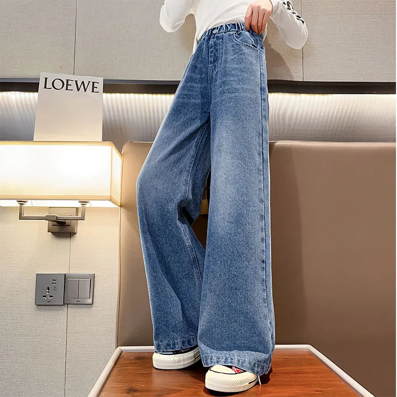 Jeans for Girls Kids Fashion Blue Wide Leg Pants 2025 Spring Autumn Children Korean Trousers Children's Clothing 6 8 10 12 14Yrs