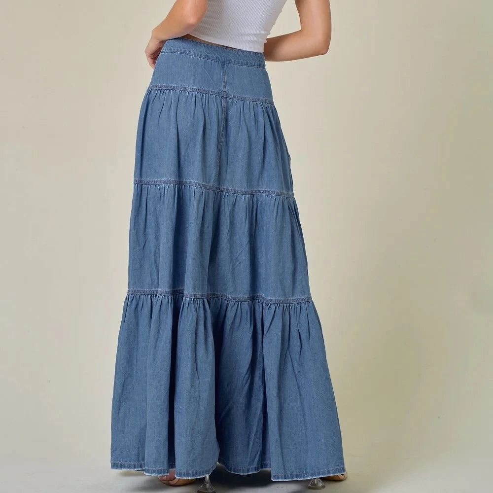 Canwedance Maxi Skirts Boho Style Cotton Skirts Femme High Waist Denim Skirts Mujer Vacation Bottoms A-Line Layered Skirt