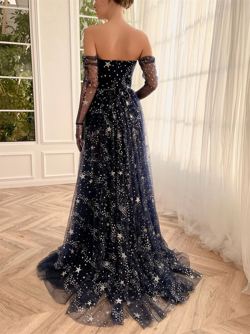 Cathy Fairy A-Line فساتين السهرة Dark Blue Star Prom Dress Strapless Customized Party Dresses Sexy Side Split Vestidos De Noche - My Store