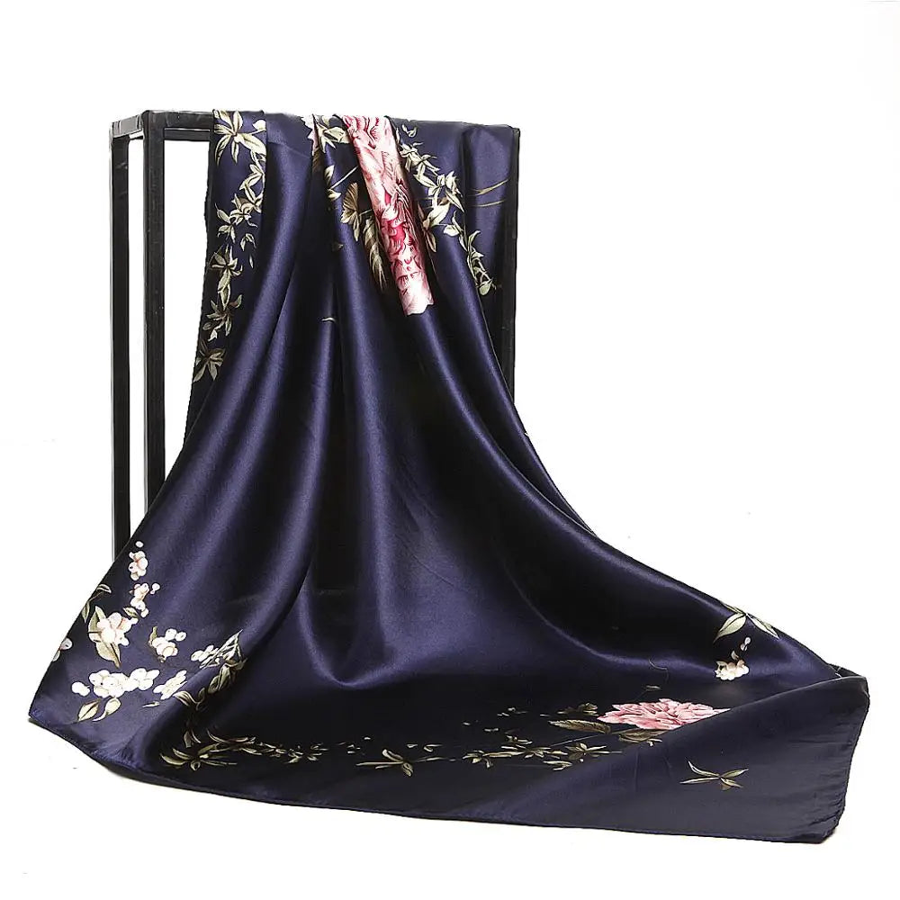 Fashion Kerchief Silk Satin Neck Scarf for Women Print Hijab Scarfs Female 90*90cm Square Shawls and Wraps Scarves for Lady