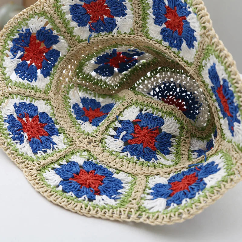 Casual Paisley Crochet Hat for Women Bohemian Knitted Bucket Hats National Straw Sun Hat for Girls Summer Beach Bali Hats 2022