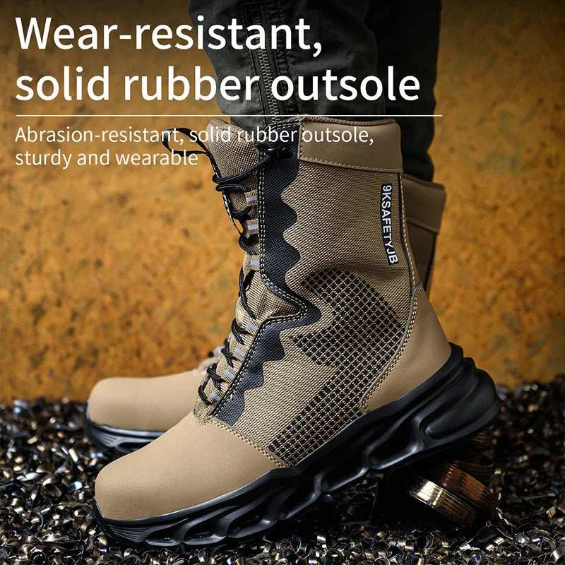 Construction Work Boots Men High Top Steel Toe Safety Shoes Non Slip Puncture Proof Rubber Work Boots Indestructible Combat Boot