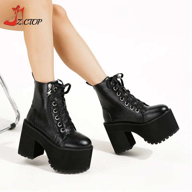 Women Platform Boots High Chunky Heel Ankle Boots Black Punk Style Lace Up Motorcycle Boot Lady Autumn Winter Shoes Big Size 43