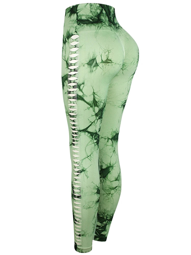 CHRLEISURE Seamless Tie Dye Sports Set Hollow Out Yoga Suit Fitness Top With Workout Leggings Activewear