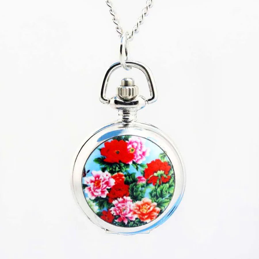 Shsby Vintage Pocket Watches  Flower Fashion Silver Chain Necklace Quartz Watch Women Dress Watches Children's Cartoon Watches