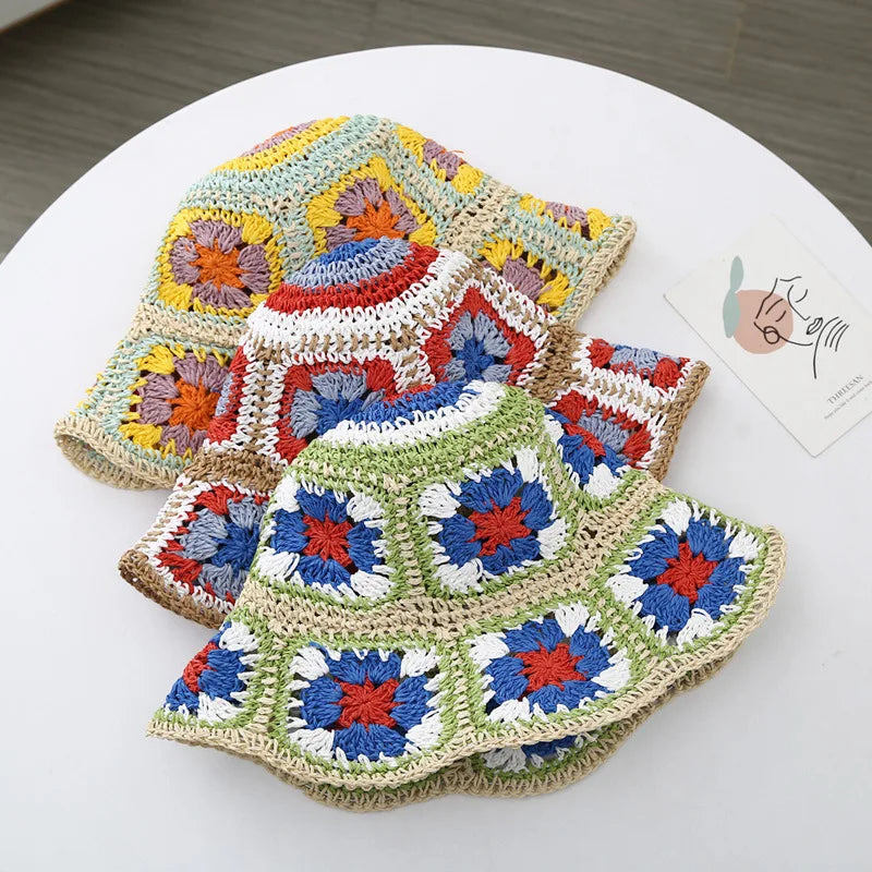 Casual Paisley Crochet Hat for Women Bohemian Knitted Bucket Hats National Straw Sun Hat for Girls Summer Beach Bali Hats 2022