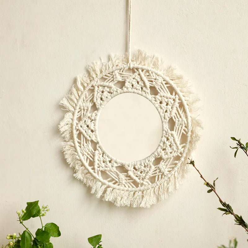 Boho Decorative Mirrors Macrame  Round Mirror Aesthetic Room Decor Hanging Wall Mirror for Bedroom Living Room House Decoration
