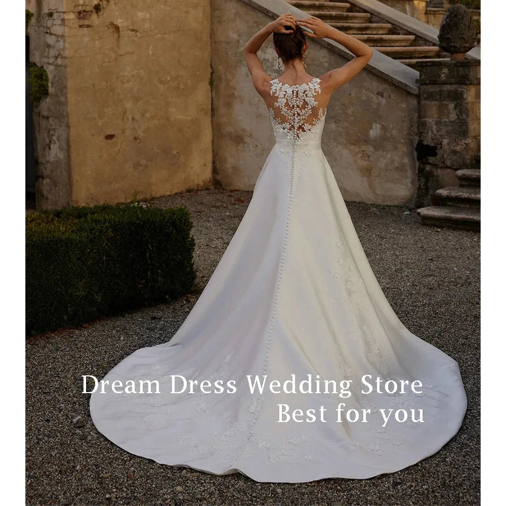 DREAM Customized Elegant A-Line Wedding Dresses Satin Floor-Length Sweep Train Long Brides Dress Women Vestidos De Novias 2025 - My Store