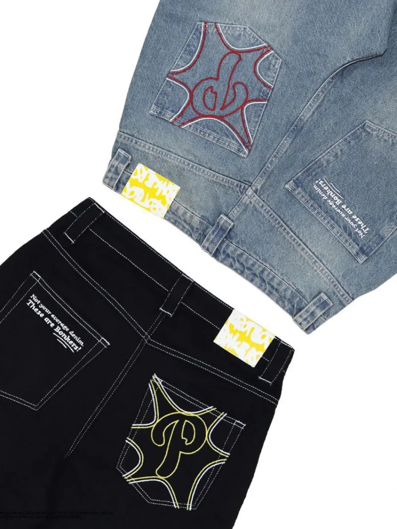 Y2k Men Retro Harajuku Clothing  New Baggy Casual Wide Leg Jeans Hip Hop Print Jeans Trend Fashion Black High Waist Jean