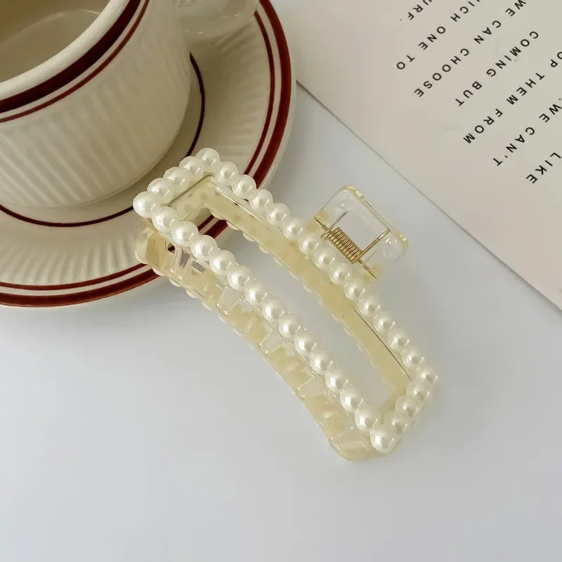 2pcs Elegant Pearls Beads Hairpin for Women Cute Geometric Hair Claw Barrettes Headwear Horsetail Hair Clips Hair Accessories