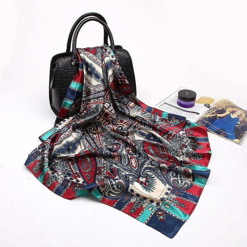 Fashion Kerchief Silk Satin Neck Scarf for Women Print Hijab Scarfs Female 90*90cm Square Shawls and Wraps Scarves for Lady