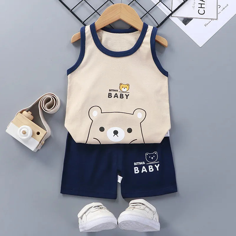 2PCS Children Clothing Vest Suit Children's Sets Summer Cotton T-Shirts Shorts Boys Girls Sleeveless Kids Clothes for Baby