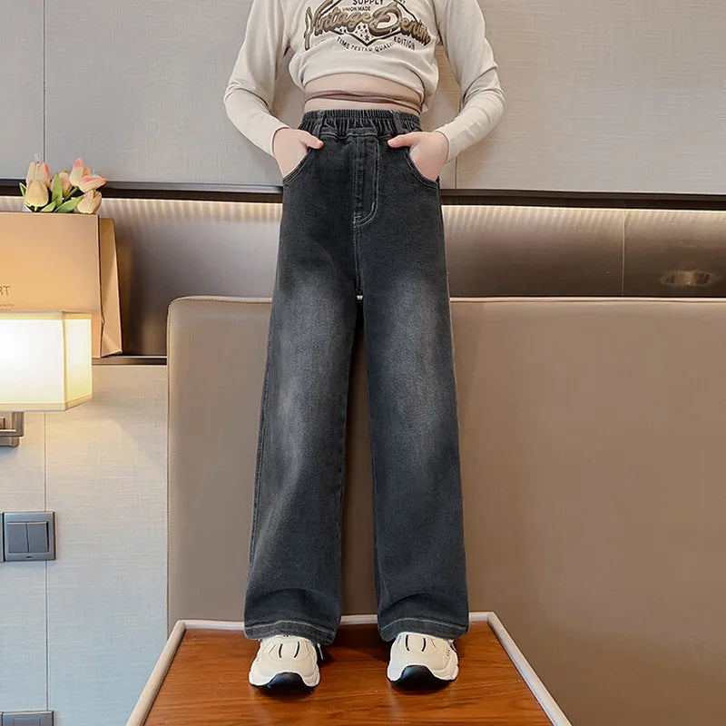 Jeans for Girls Kids Fashion Blue Wide Leg Pants 2025 Spring Autumn Children Korean Trousers Children's Clothing 6 8 10 12 14Yrs