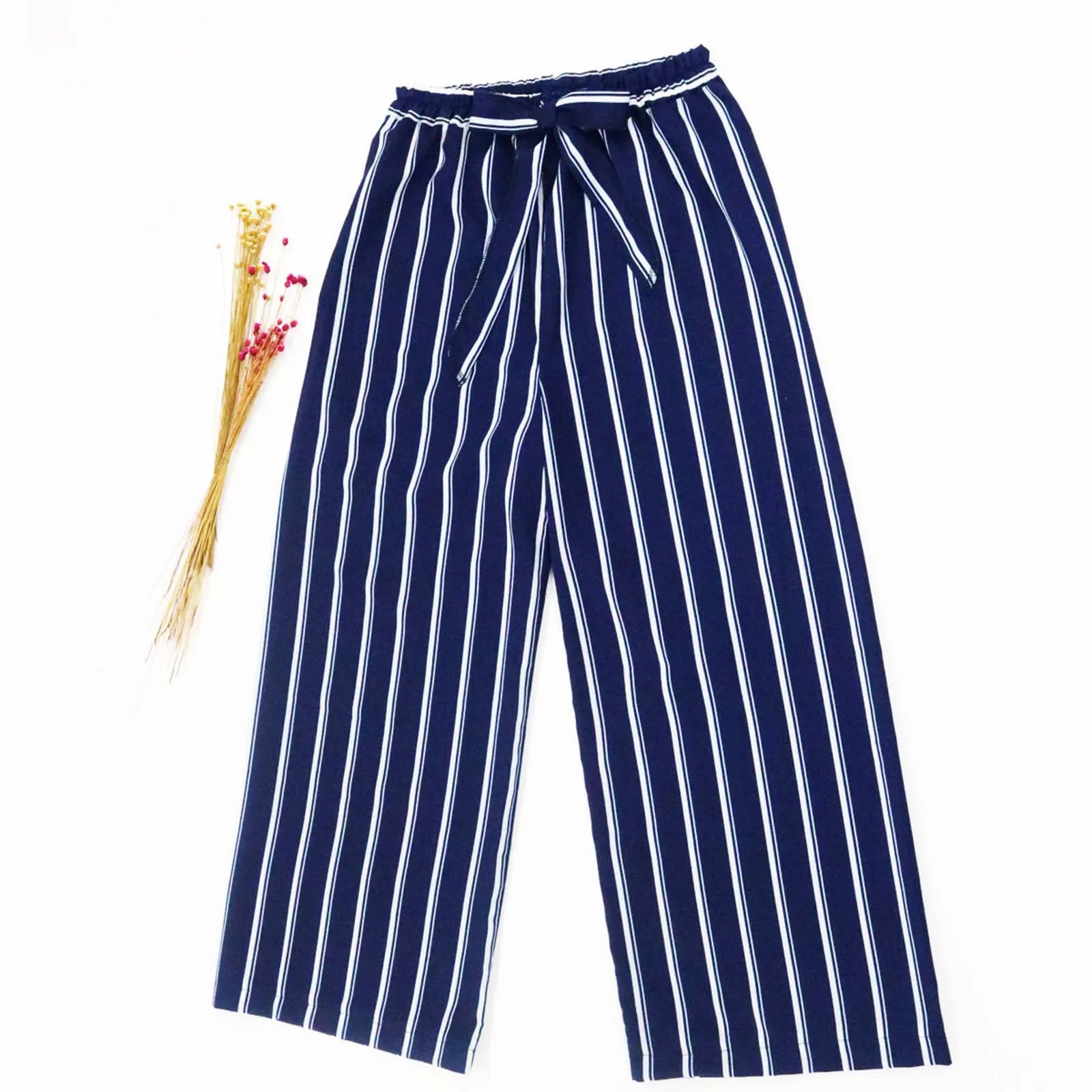 Ladies' Striped Elastic Waist Belted Long Wide Leg Pants Office Ladies Pant Soft Breathable Long Trousers 2023 Female Clothing