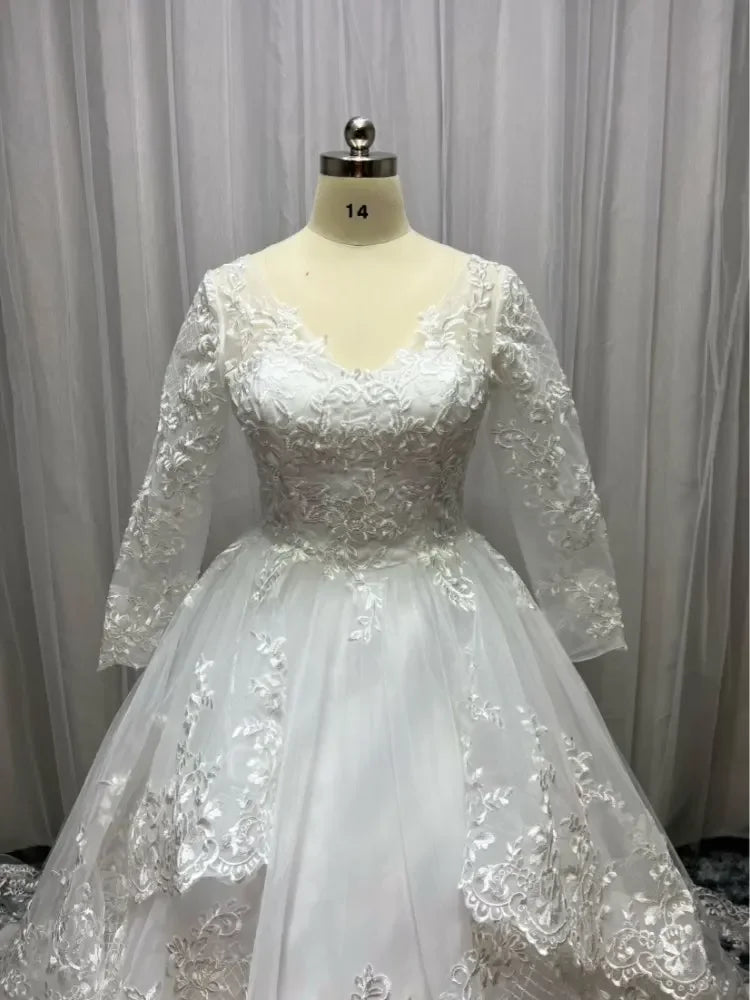 Princess Plus Size Wedding Dresses 2023 Lace Applique Long Sleeve Custom Made Tiered Skirt Dubai Arabic Bridal Wedding Dress - My Store