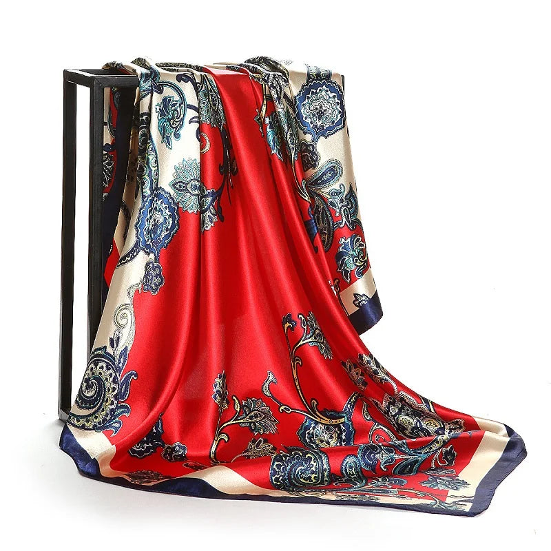 Fashion Kerchief Silk Satin Neck Scarf for Women Print Hijab Scarfs Female 90*90cm Square Shawls and Wraps Scarves for Lady