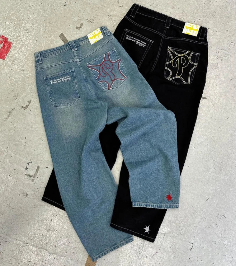 Y2k Men Retro Harajuku Clothing  New Baggy Casual Wide Leg Jeans Hip Hop Print Jeans Trend Fashion Black High Waist Jean