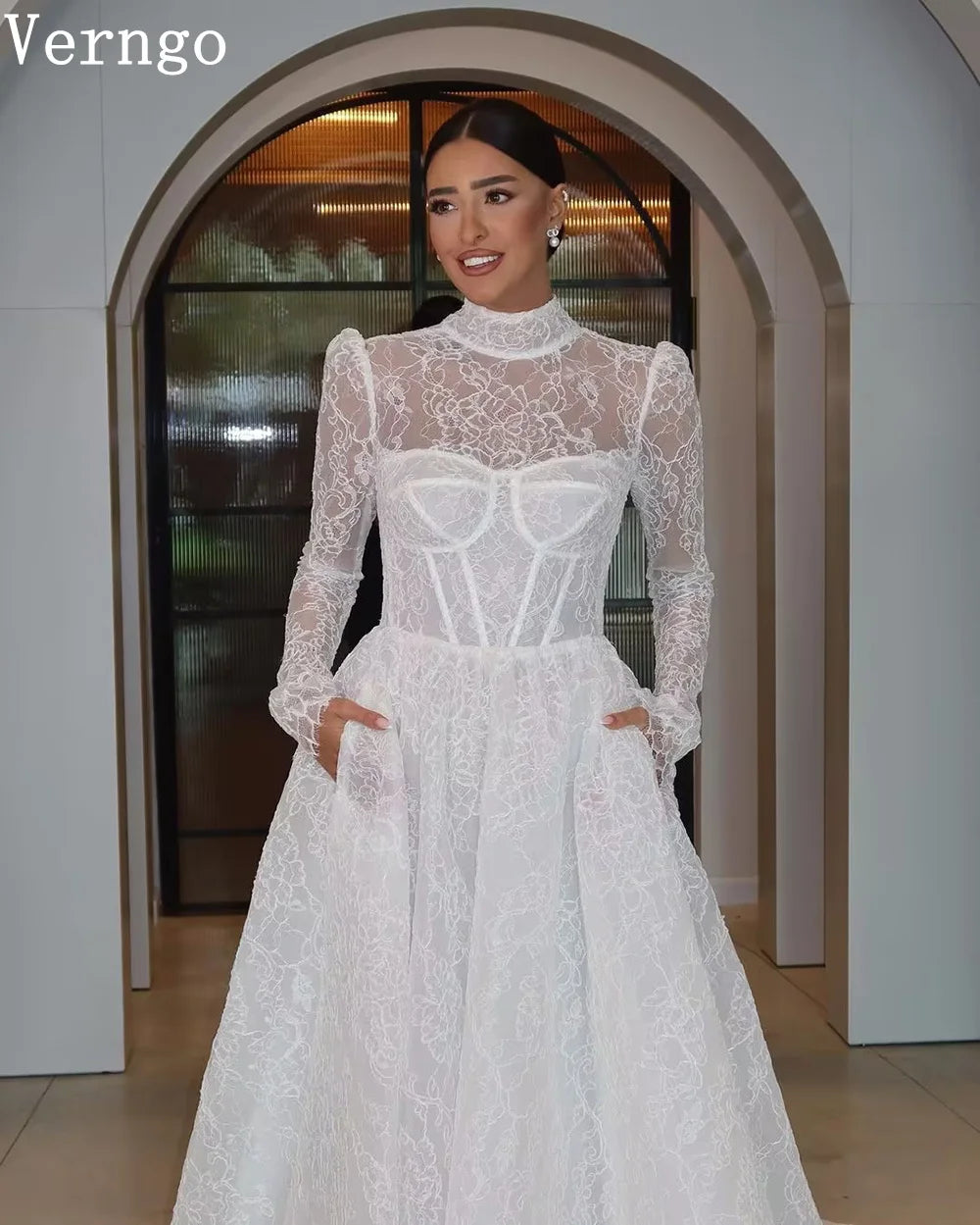 Verngo Elegant Lace Wedding Dress High Neck Full Sleeves Bride Dress Women Modest Bridal Gowns Customized - My Store
