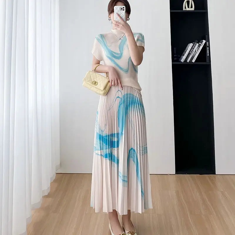 Elegant Two Piece Skirt Set Costume Women's Suit Skirts Pleated Skirt  Female Outfit Women's Casual Skirts Blouses Wrinkle Set