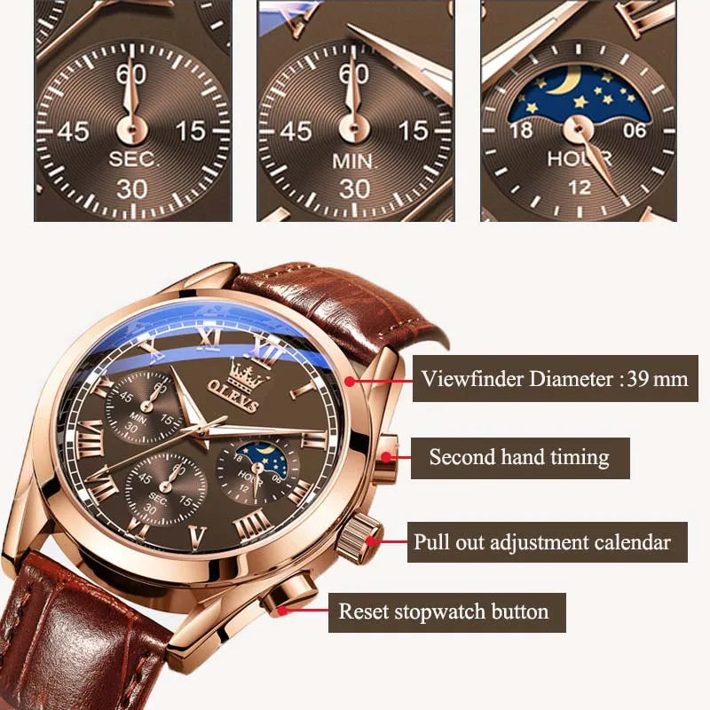 OLEVS Quartz Watch for Men Top Brand Luxury Watches Moon Phase Waterproof Mens Watches Fashion Chronograph Wrist Watches for Men