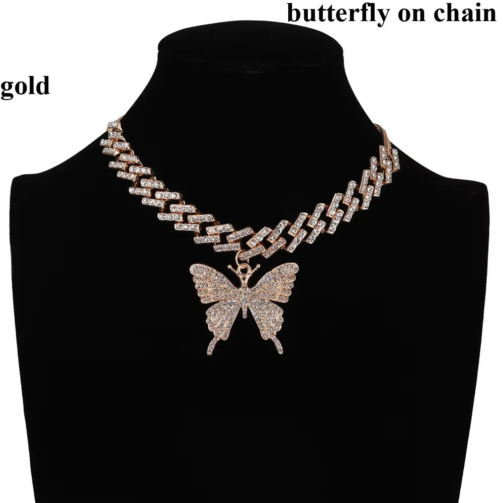 Pink Butterfly Necklace Chain  Jewelry Luxury Female Crystal Neck Pendants Women Rhinestones Jewellery Wholesale