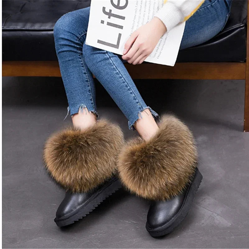 G&Zaco Luxury Winter Snow Boots Women Natural Real Fox Fur Boots Waterproof Genuine Suede Leather Boots Black Flat Short Boot