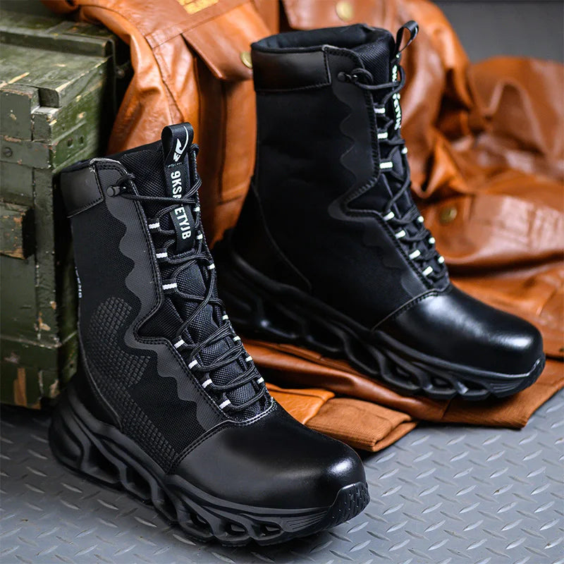 Construction Work Boots Men High Top Steel Toe Safety Shoes Non Slip Puncture Proof Rubber Work Boots Indestructible Combat Boot