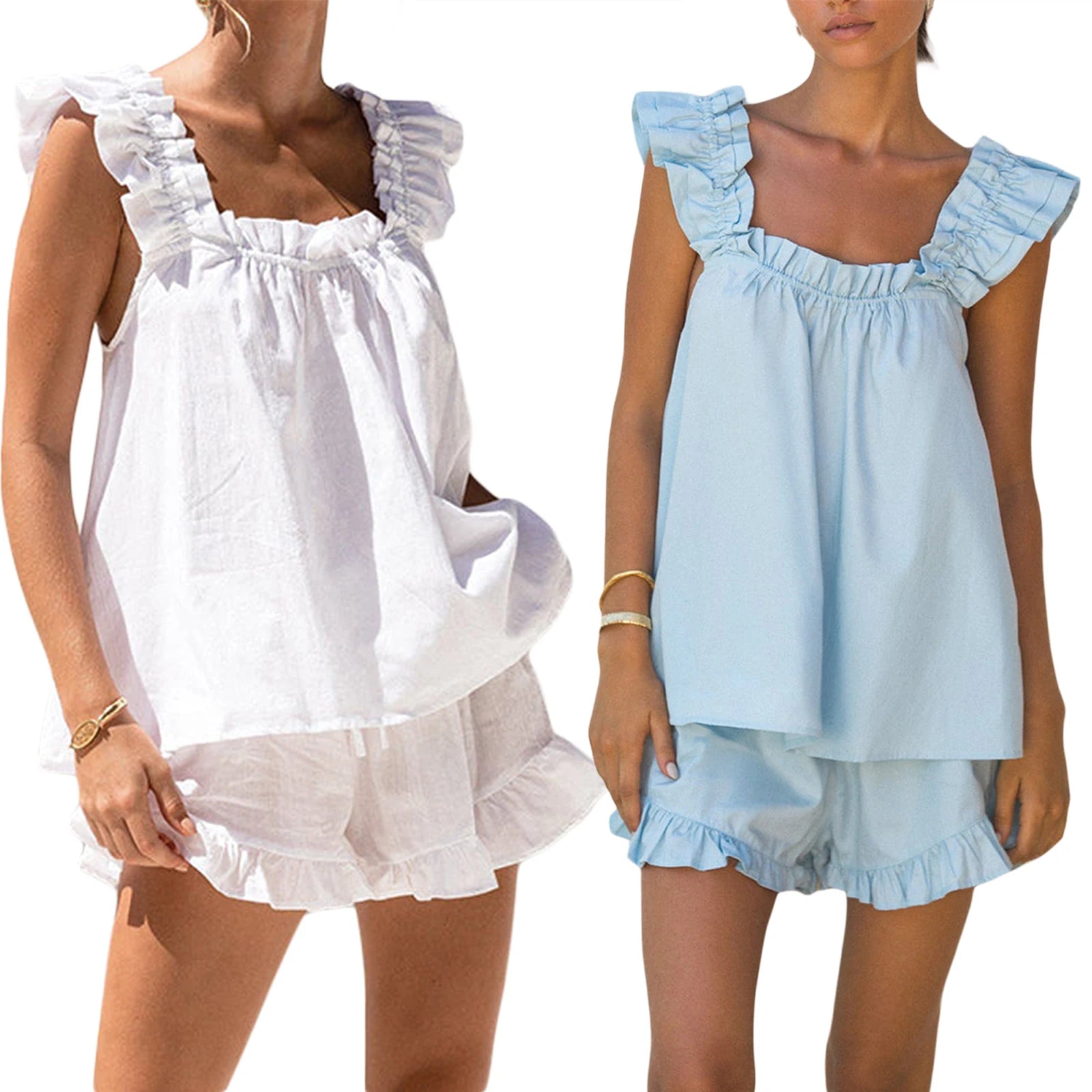 Womens Pajama Sets Women's Summer 2PCS Pajamas Sets Sleeveless Backless Sling Vest + Solid Color Ruffle Shorts