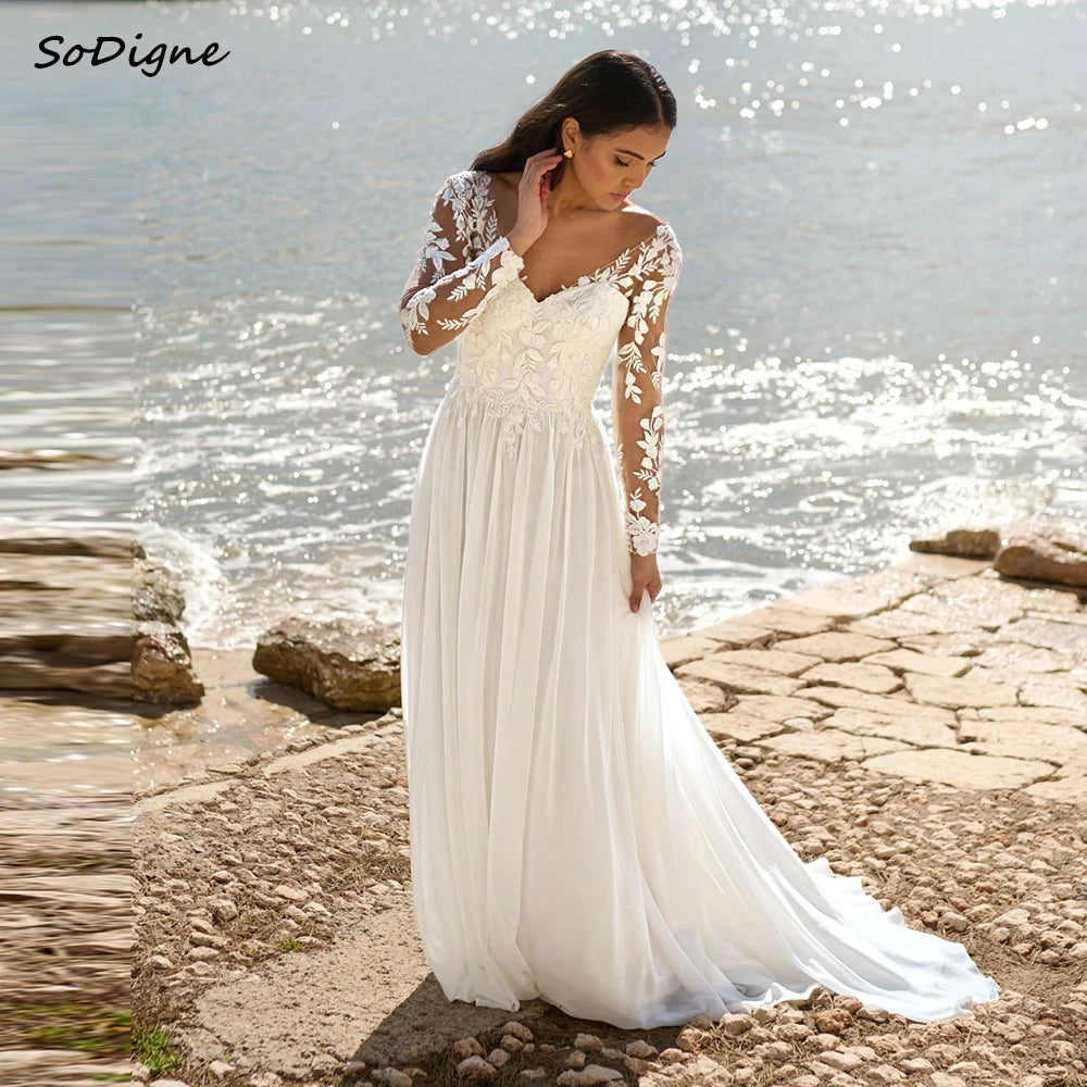 SoDigne A-Line Chiffon Wedding Dresses ﻿V-Neck Full Sleeves Appliques Bridal Dress Boho Wedding Gown Robe De Mairee ﻿Customized - My Store