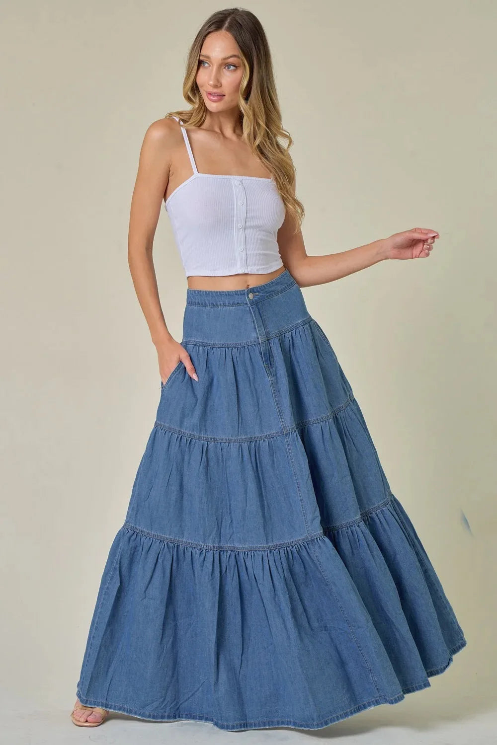 Canwedance Maxi Skirts Boho Style Cotton Skirts Femme High Waist Denim Skirts Mujer Vacation Bottoms A-Line Layered Skirt