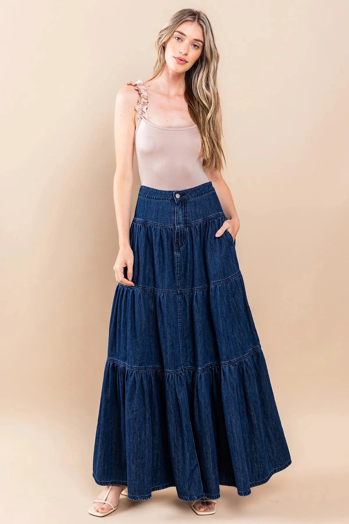 Canwedance Maxi Skirts Boho Style Cotton Skirts Femme High Waist Denim Skirts Mujer Vacation Bottoms A-Line Layered Skirt